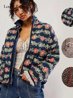 Giacca in cotone con stampa floreale Cappotto spesso patchwork da donna con tasca calda Cappotto cardigan caldo Cappotto streetwear casual autunno inverno femminile