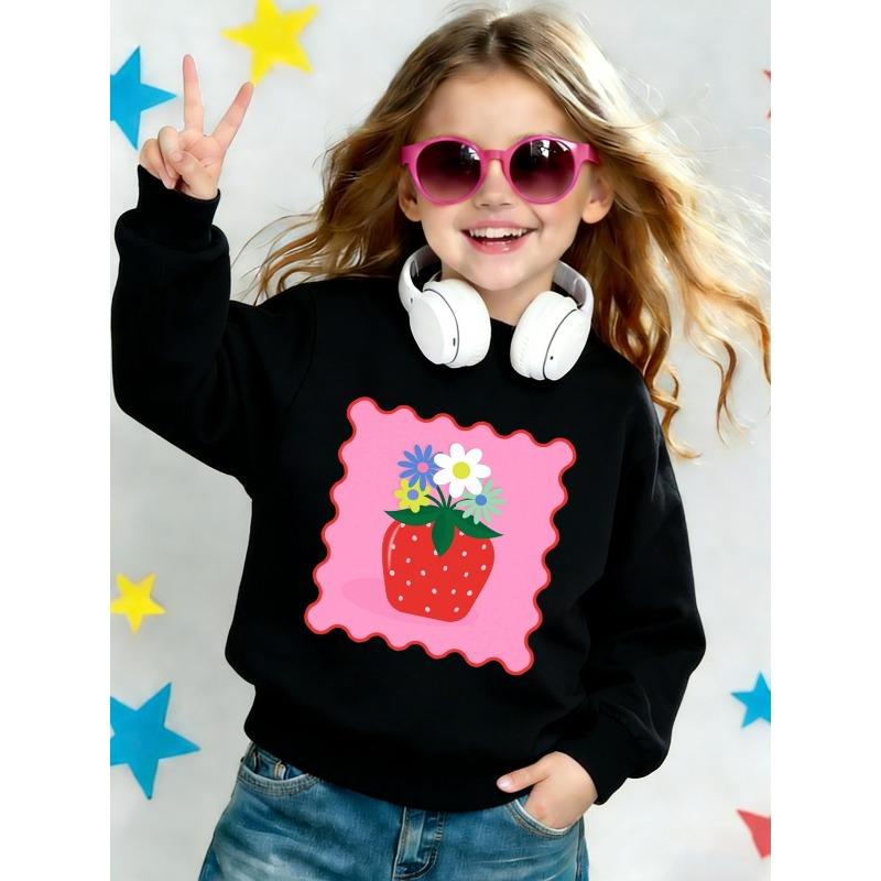 Kids Crewneck Sweatshirt, Cartoon Strawberry & Floral Graphic Print, Spring Autumn Casual Tops