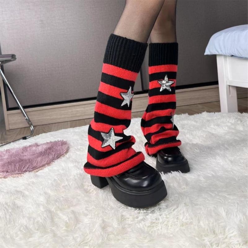 Girls Lolitas Leg Warmers Y2K Star Knitted Flared Leg Sleeves Goth Baggy Cuffs Ankle Heap Socks JK Uniform Foot Cover
