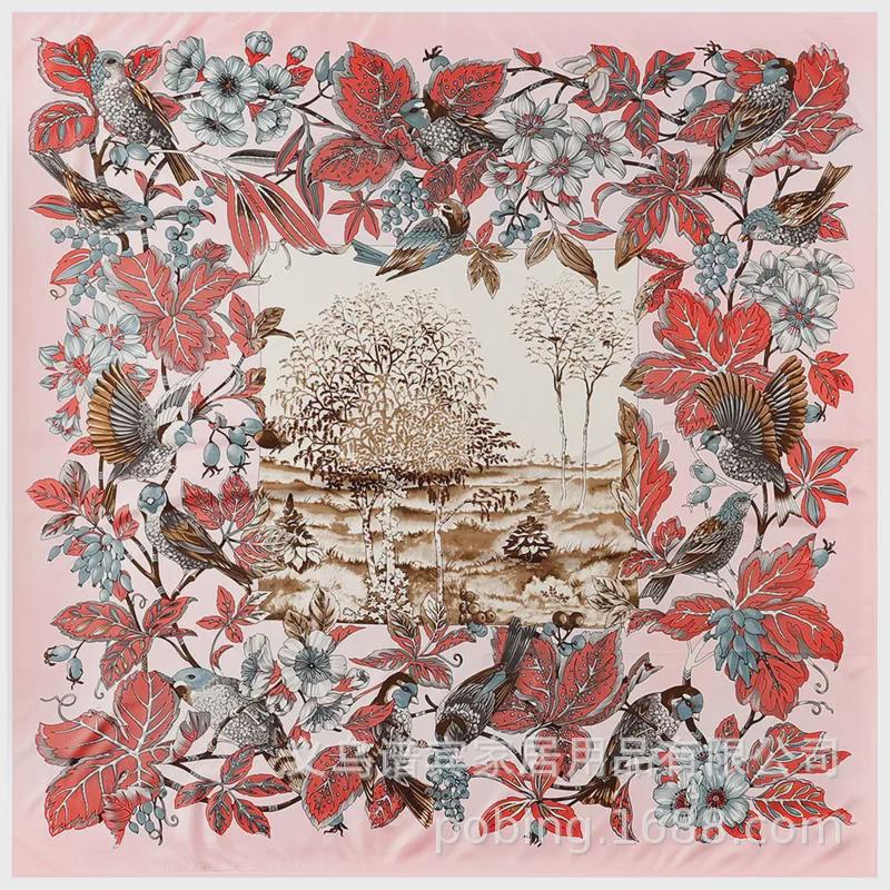 "New European and American Jungle Floral Bird Print 130cm Silk Twill Satin Square Scarf Shawl"