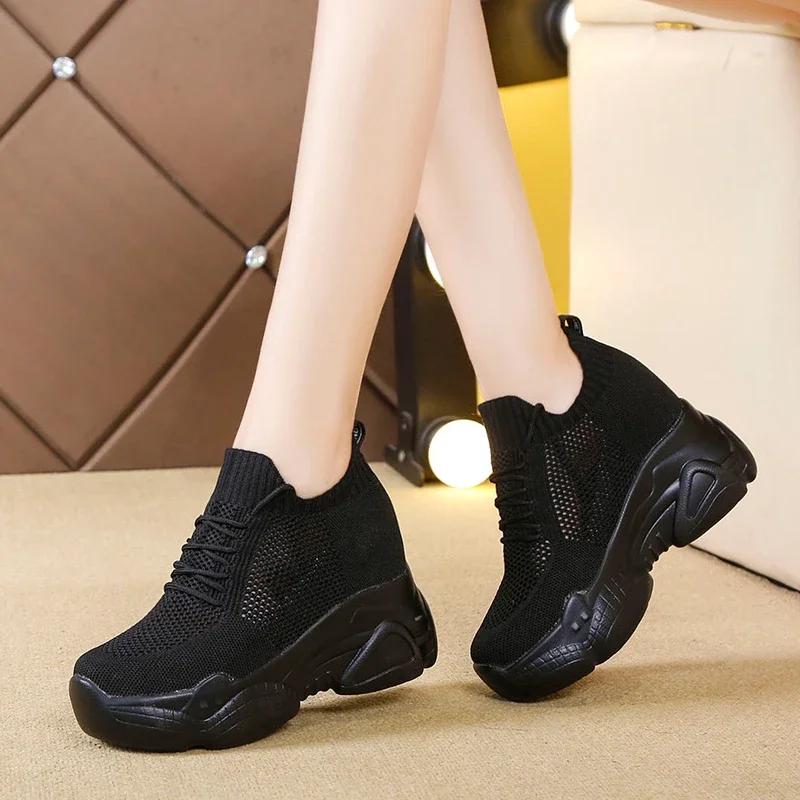 Rimocy Breathable Air Mesh Chunky Sneakers Women 2025 Spring Summer Knitted Height Increasing Shoes Woman White Casual Footwear