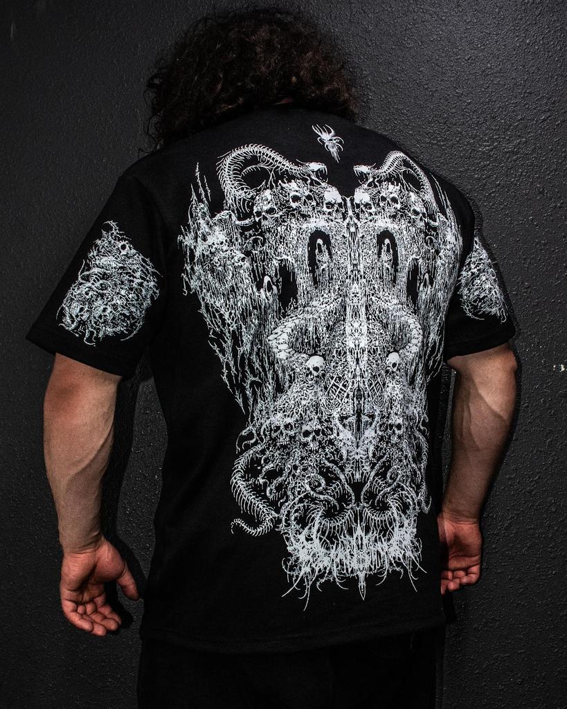 Y2K Black T Shirt With White Horror Pattern Skulls Snakes Spider Design Unique Gothic Style Street Trendy Dark Aesthetic Top