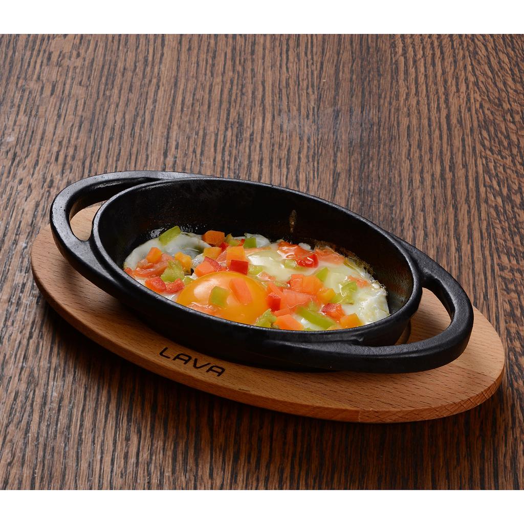 Lava Cast Iron Oval Skillet. Dual Handle, With Wooden Platter 15X10cm.