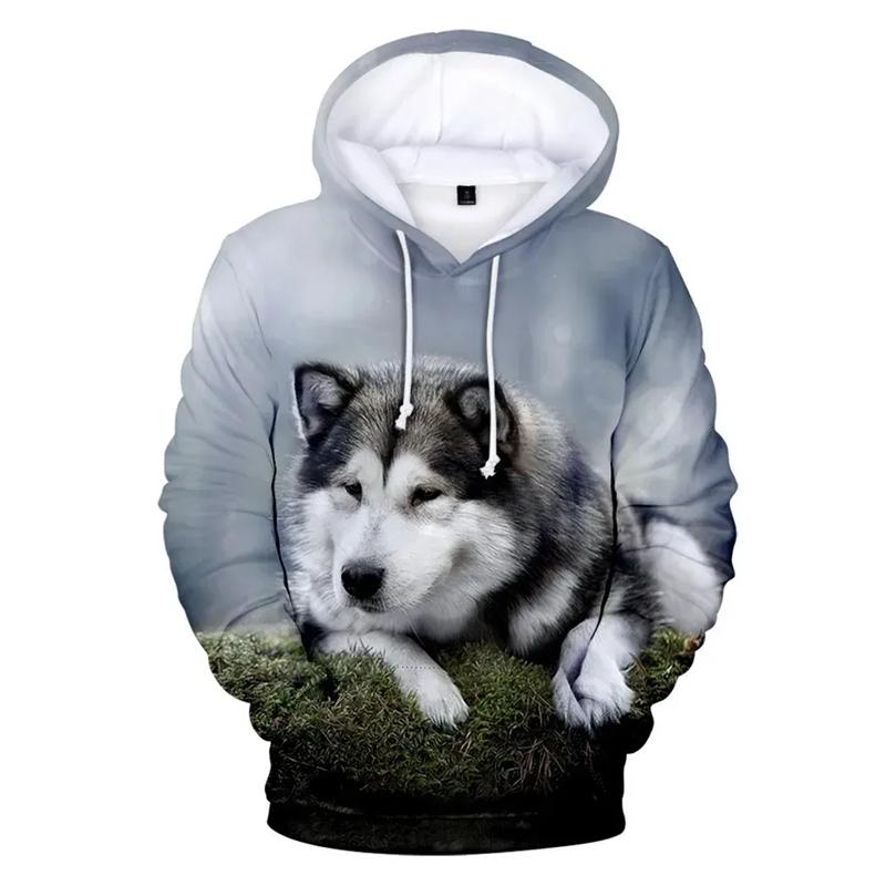 

2024 Весна и осень Новая мужская мода 3D Собака Сибирский Хаски Принт Капюшон Толстовка Свободный Повседневный Забавный Пуловер 6XL