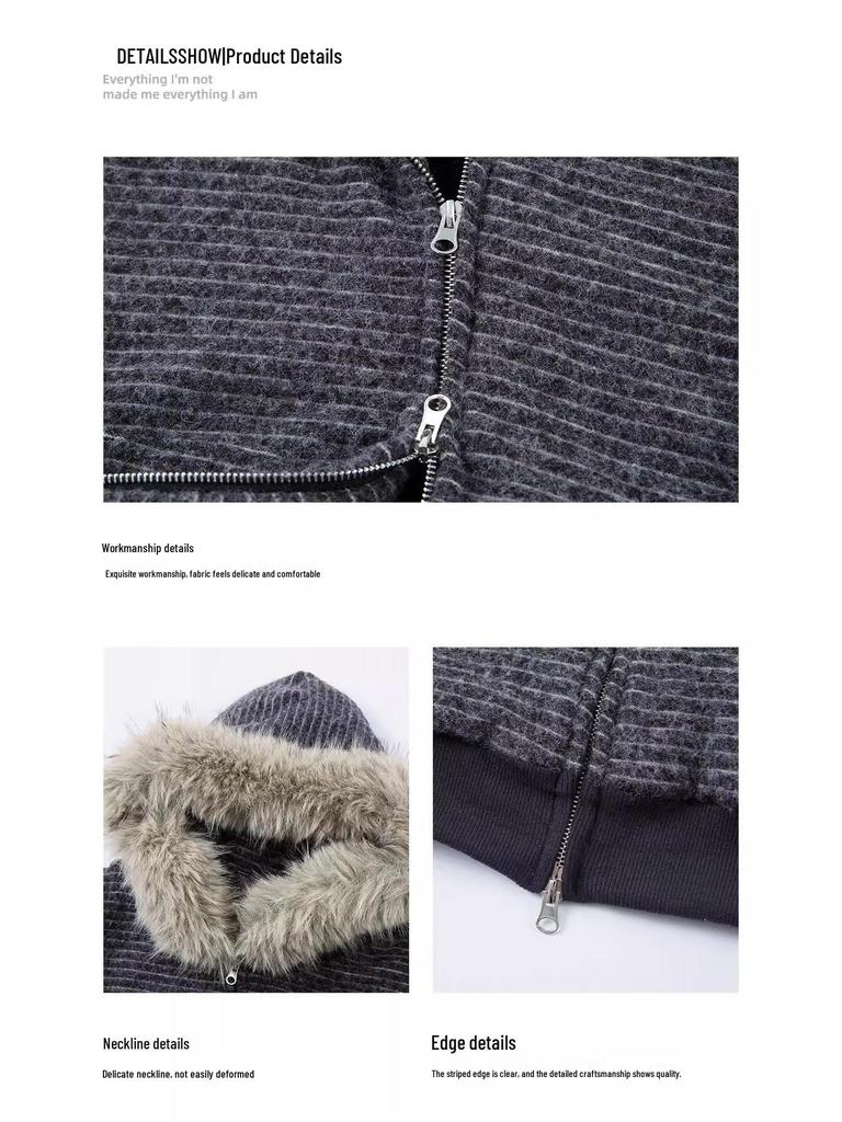 Baifeng American Retro Fur Collar Striped Fleece-Lined Hooded Cardigan Sweatshirt