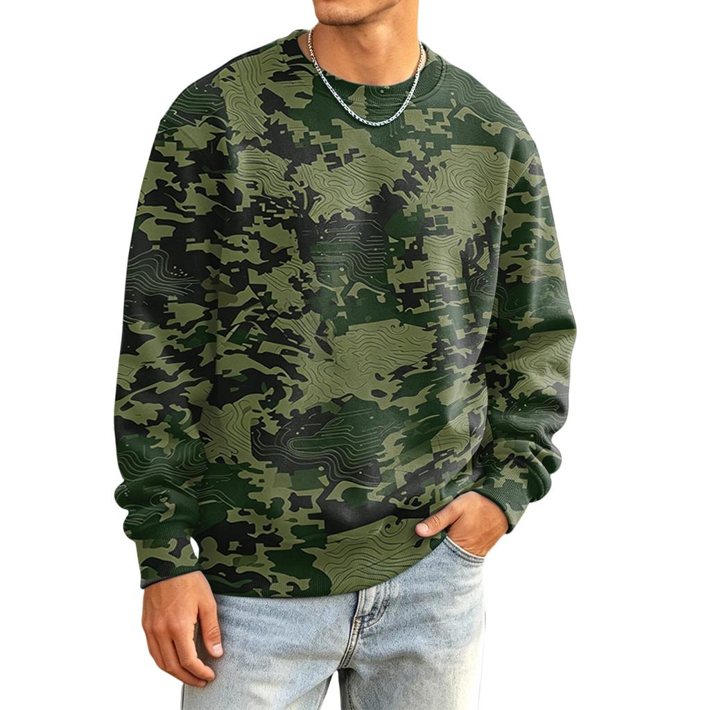 Men's Camouflage Printed Long Sleeve Shirt, Relaxed Fit Neck Casual Top