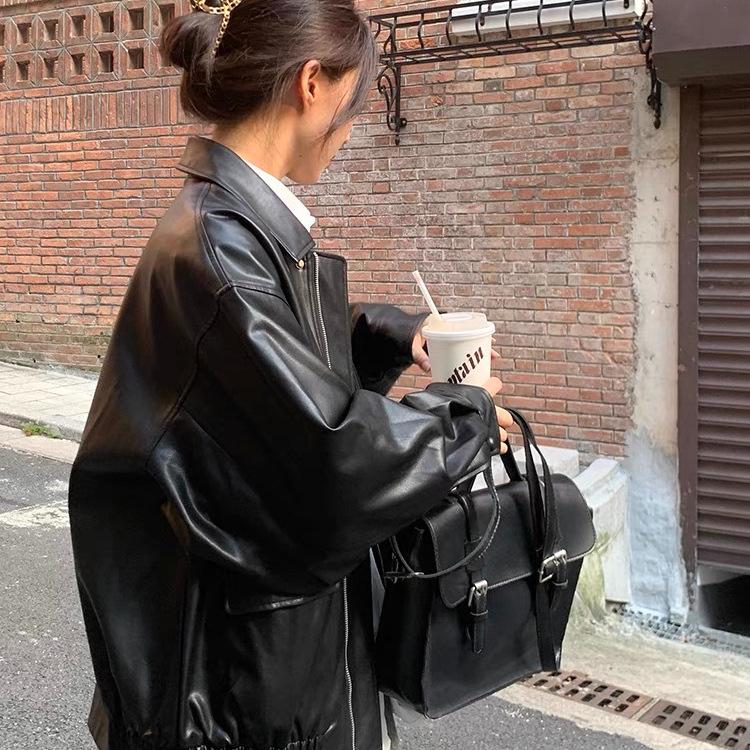 Retro Women's Short Brown Leather Motorcycle Jacket - Korean Style, Spring/Autumn, Small Size, Loose Fit