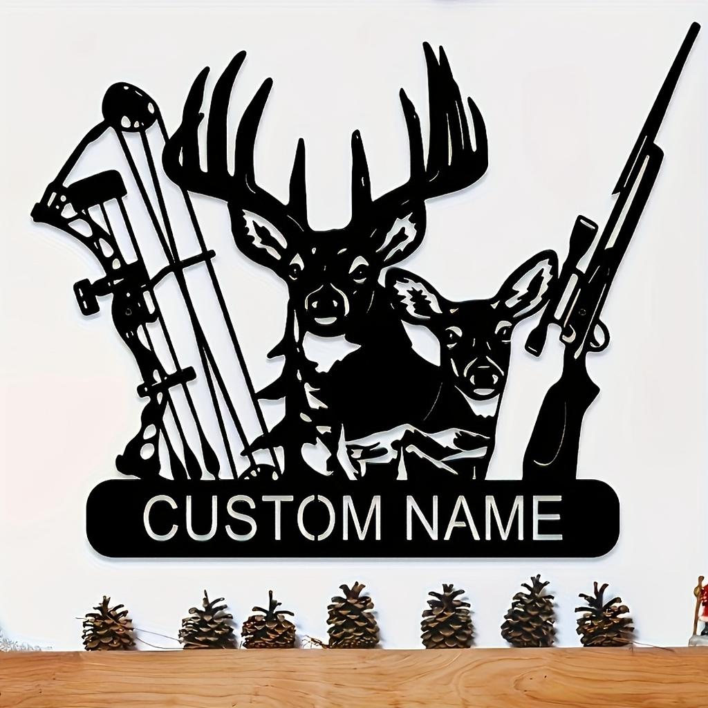 Customizable Hunting Metal Sign - Personalized Deer, Rifle & Bow Design - Heavy-Duty Outdoor/Indoor Decoration - Custom Name