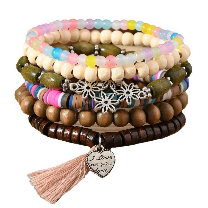 6-Piece New Wooden Bead Beaded Soft Pottery Flower Men's and Women's Bracelets Are Suitable for Daily Wear by Men and Women
