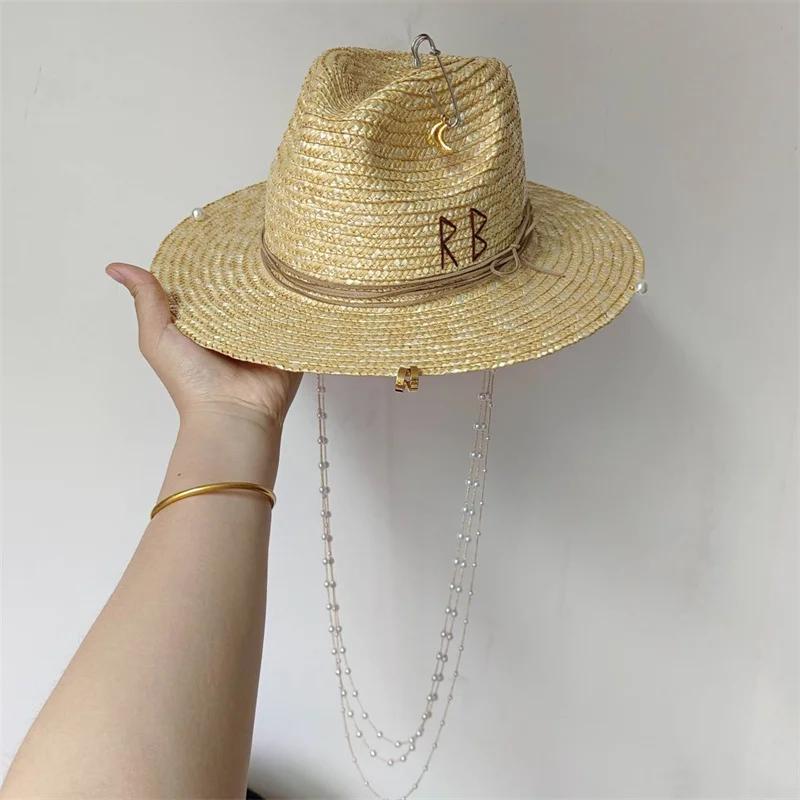 Classic Straw Hat Handmade Design Hat Pearl Chain Summer Sun Hat New Letter Hat Beach Women Gorras Para Hombres
