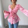 Women's Mesh Red Rose Print V-neck Top Bell Sleeves Bow Tie Waist Short Women's Clothing
