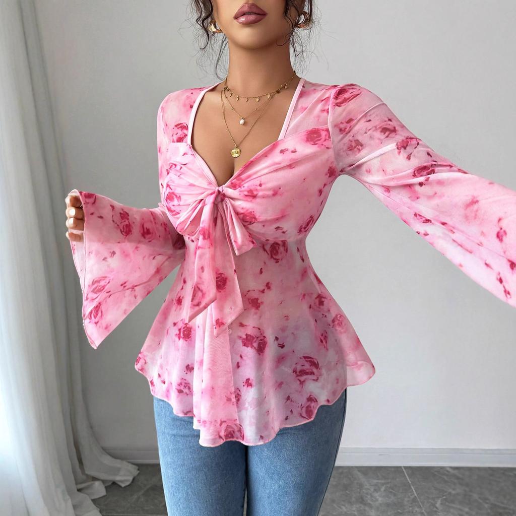 Women's Mesh Red Rose Print V-neck Top Bell Sleeves Bow Tie Waist Short Women's Clothing