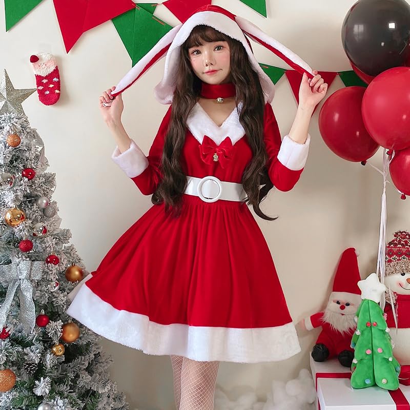 Christmas Santa Maid Dress with Ribbon [Milky Time] Costume, (V-Neck Santa)