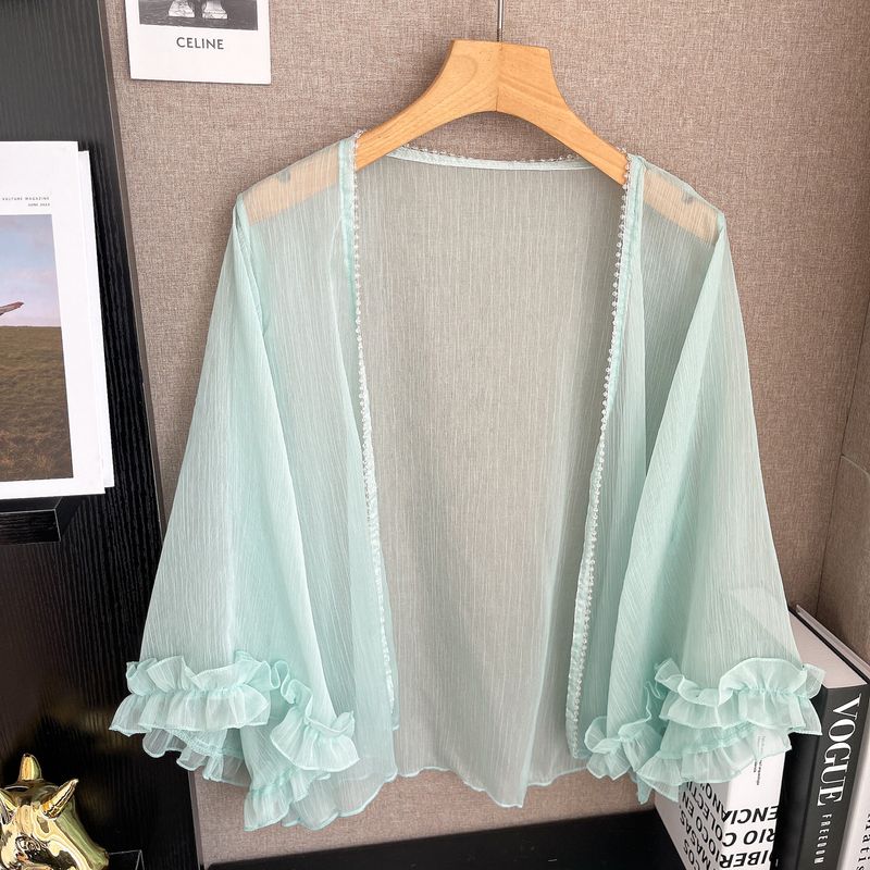 

French style Gentle Atmosphere Sun Protection Cardigan Women Summer Wooden Ear Tulle Breathable Light Luxury Temperament Cover up Outerwear Top Green One size