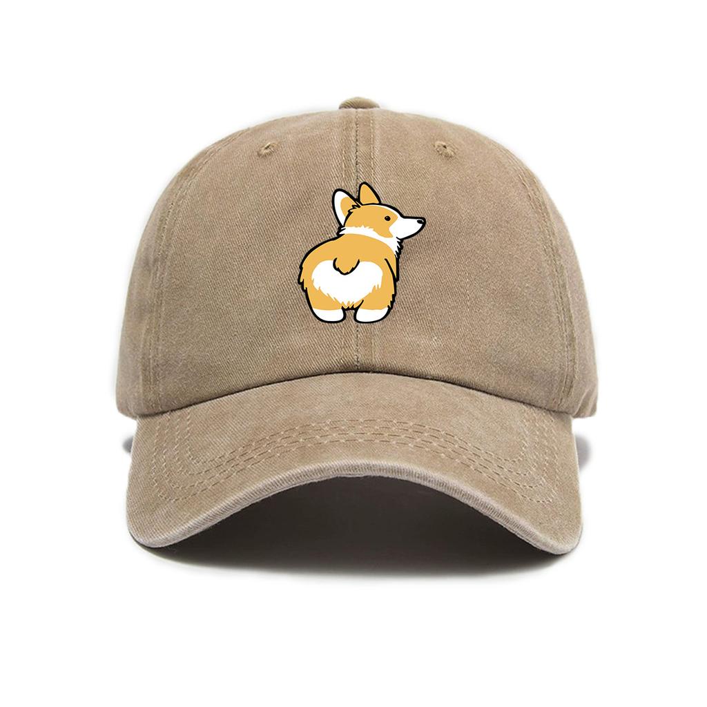 Versatile cute little corgi print washed old soft top sunshade baseball cap unisex baseball cap