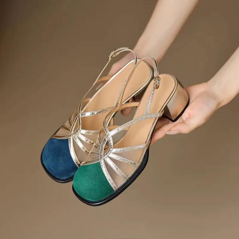 New Matching Color Round Head Sandals for Women Thin Belt Braided One Line Buckle Thick Heel Bun Head Roman Shoes