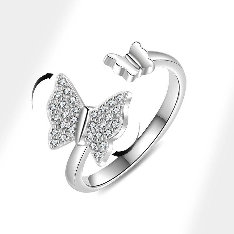 Dainty Butterfly Anxiety Ring For Women Metal Copper Inlaid Rhinestone Spinner Fidget Anti-Stress Adjustable Open Ring