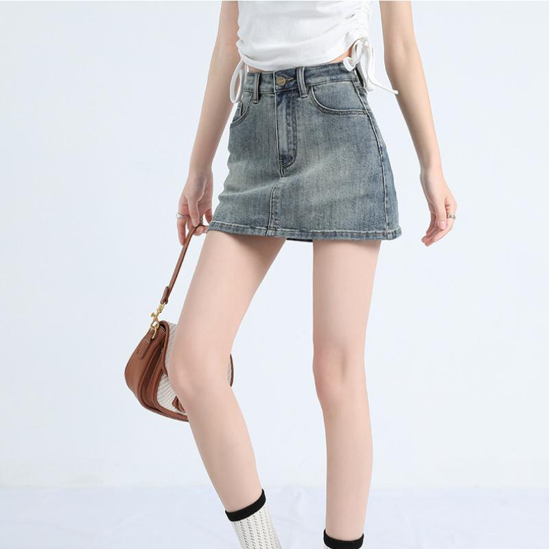 Fusta scurtă de denim retro Fusta scurtă de slăbire cu talie înaltă de vară pentru femei, Fusta înfășurată în șold cu linie A anti-orbire