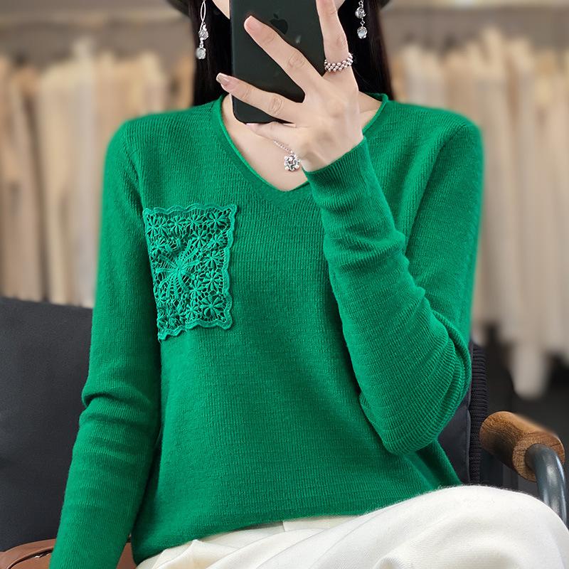 

Осень и зима новый трикотажный свитер с V-образным вырезом и крючком-цветком с длинным рукавом женский топ модная универсальная базовая рубашка-жакет XXL изумрудный