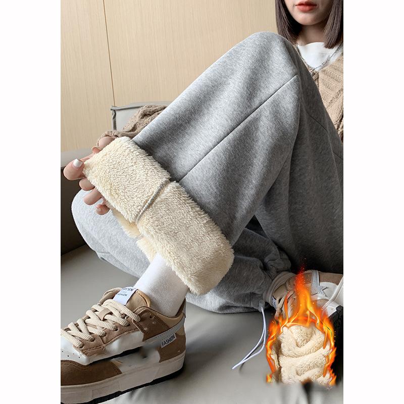Thickened Lamb Fur Fleece Women's Autumn Winter Casual Trousers Wide Leg Pants Sporty Style Plus Size Long Trousers