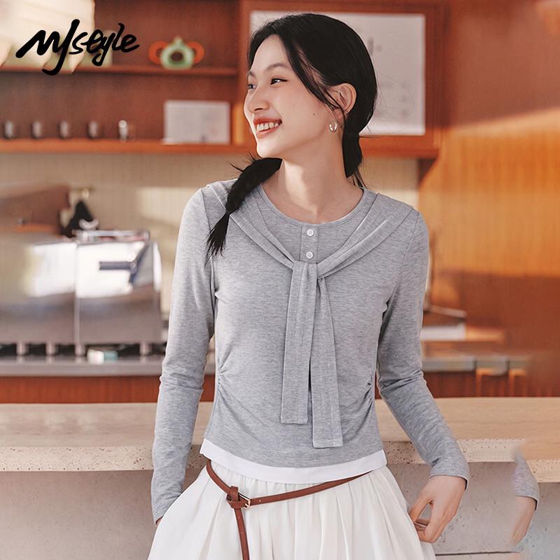 MJ STYLE Women s Fake Two-Piece Navy Collar Cropped Long-Sleeve T-Shirt L