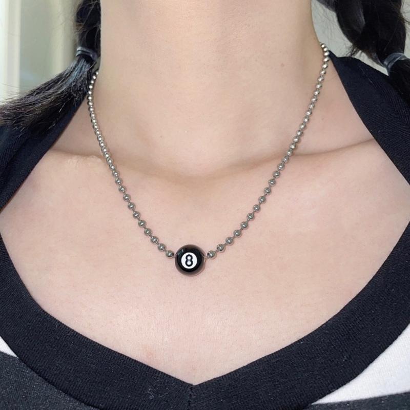 Fashion Sweater Chain Billiard Ball Pendant Necklace Dainty Minimalist Black 8 Ball Clavicle Chain Unique Choker Jewelry