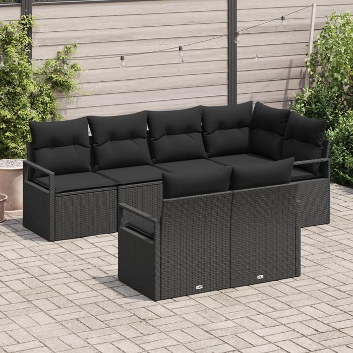 Canapé de Jardin 7 Pièces avec Coussins Noir Poly Rattan, Canapé de Jardin 2 Places Noir Poly Rattan 3346423