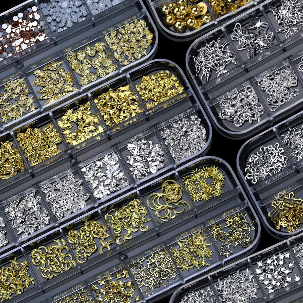 Boxed Half Round Flatback Nail Rhinestones Multi Size Gold Silver Pearls Caviar Nail Art Decorations Gold Beads Ocean Accessorie