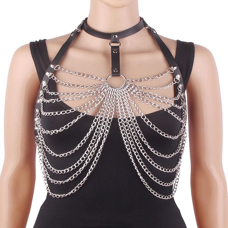 Gargantilla de Cuero Multicapa con Borlas y Cadena de Aleación para Pecho y Cintura, Superventas Transfronteriza