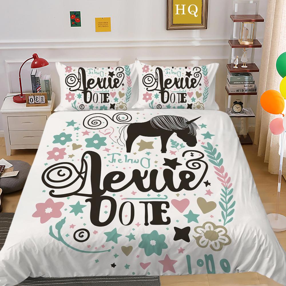 Home Bedding Set Woman 3D Unicorn Cartoon Lovely Home Bedclothes Twin Full Size Polyester Bed Set Cover
