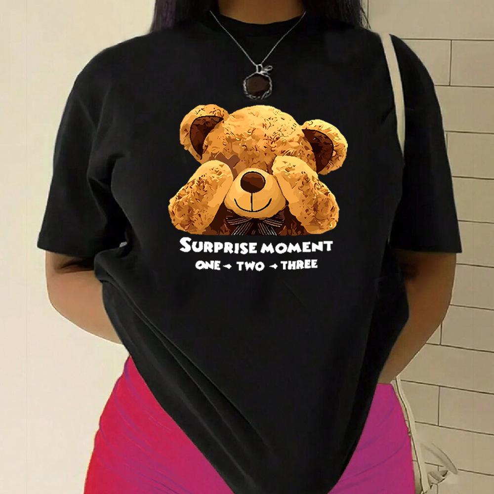

BEAR Pattern Cotton T-Shirt Short Sleeve Round Neck Women 2d Print Tops 2XL