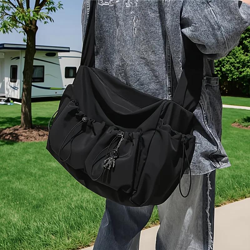Fashion Couple Shoulder Bag With Polyester Lining Trendy Simple Cross Body Bags With Side Pockets Teen Black Nylon Messenger Bag