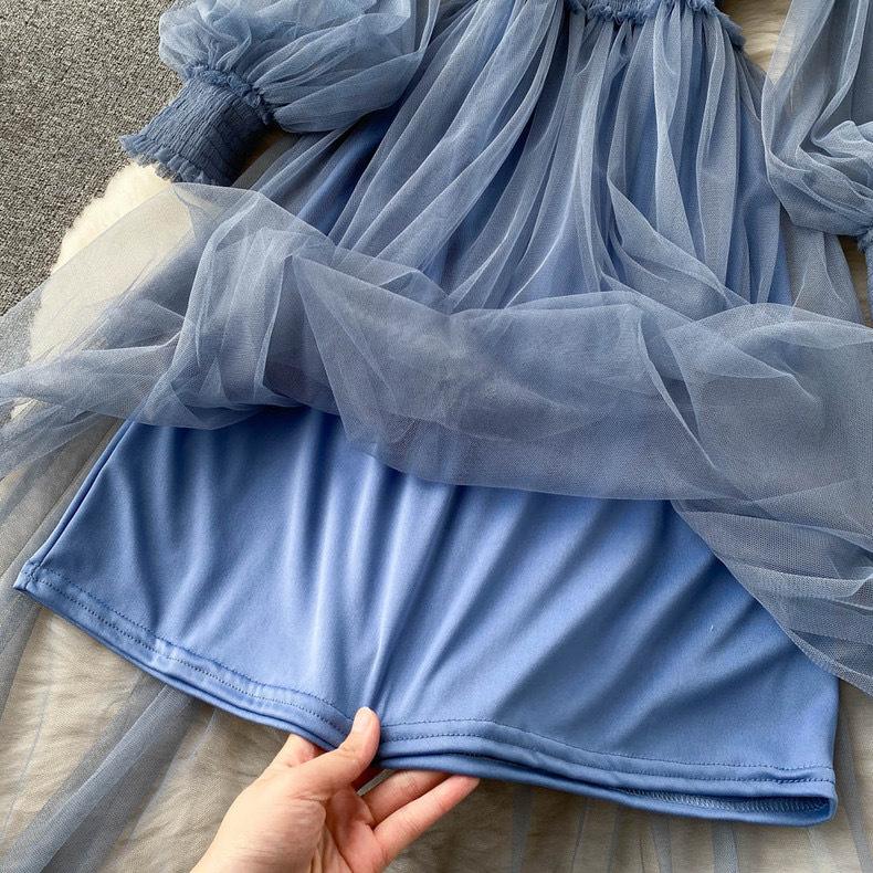 Women's Dress Three-dimensional Flowers Mesh Temperament Collar Lantern Sleeve High-waisted Dresses