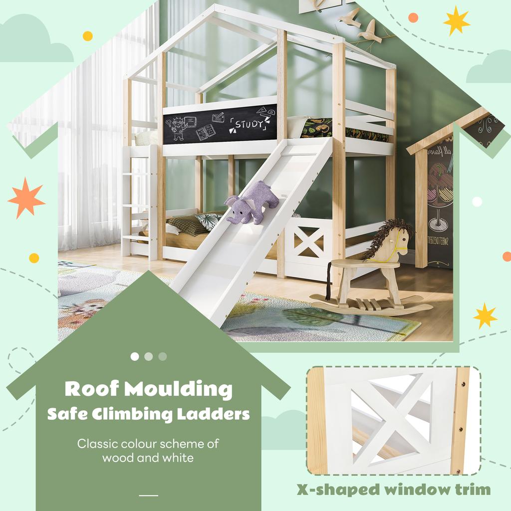 (=517234AAW) Children's Bed Treehouse with Slide & Ladder 90 X 200 Cm, Loft Bed for Children – 2x Slatted Frame - Natural & White