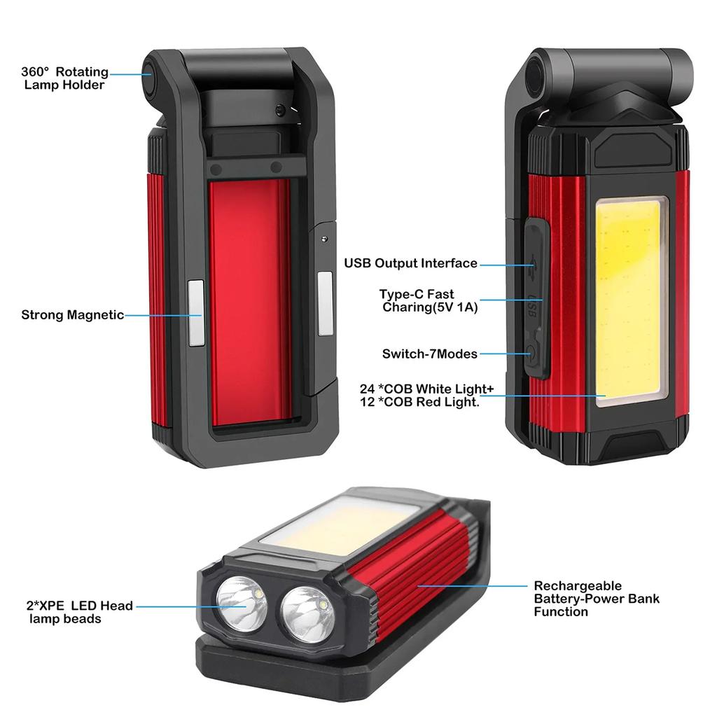 Led Work Light 10w Foldable Rechargeable Magnetic Flashlight Waterproof Flashlights Usb-cob Lamp With Hook Outdoor 6500k Lantern