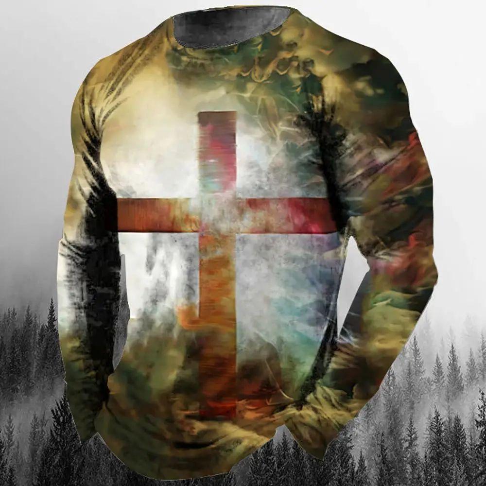 Camiseta de manga larga informal de moda para hombre con estampado 3D retro de Jesucristo, personalidad callejera, cuello redondo holgado, estilo Harajuku, top de gran tamaño