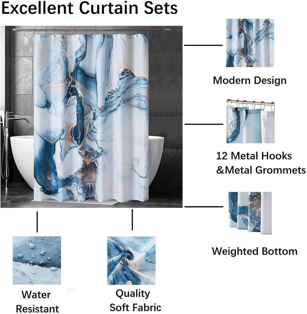 Blue Gold Marble Shower Curtain Set, Abstract Granite Pattern, Luxury Modern Waterproof Bathroom Decor