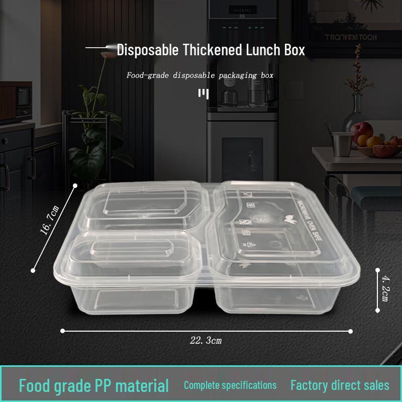 Disposable 3-Compartment Clear Meal Boxes with High Lids