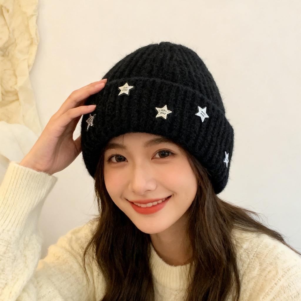 New hat women's winter fashion star knitted pullover hat big head circumference versatile face small wool hat tide