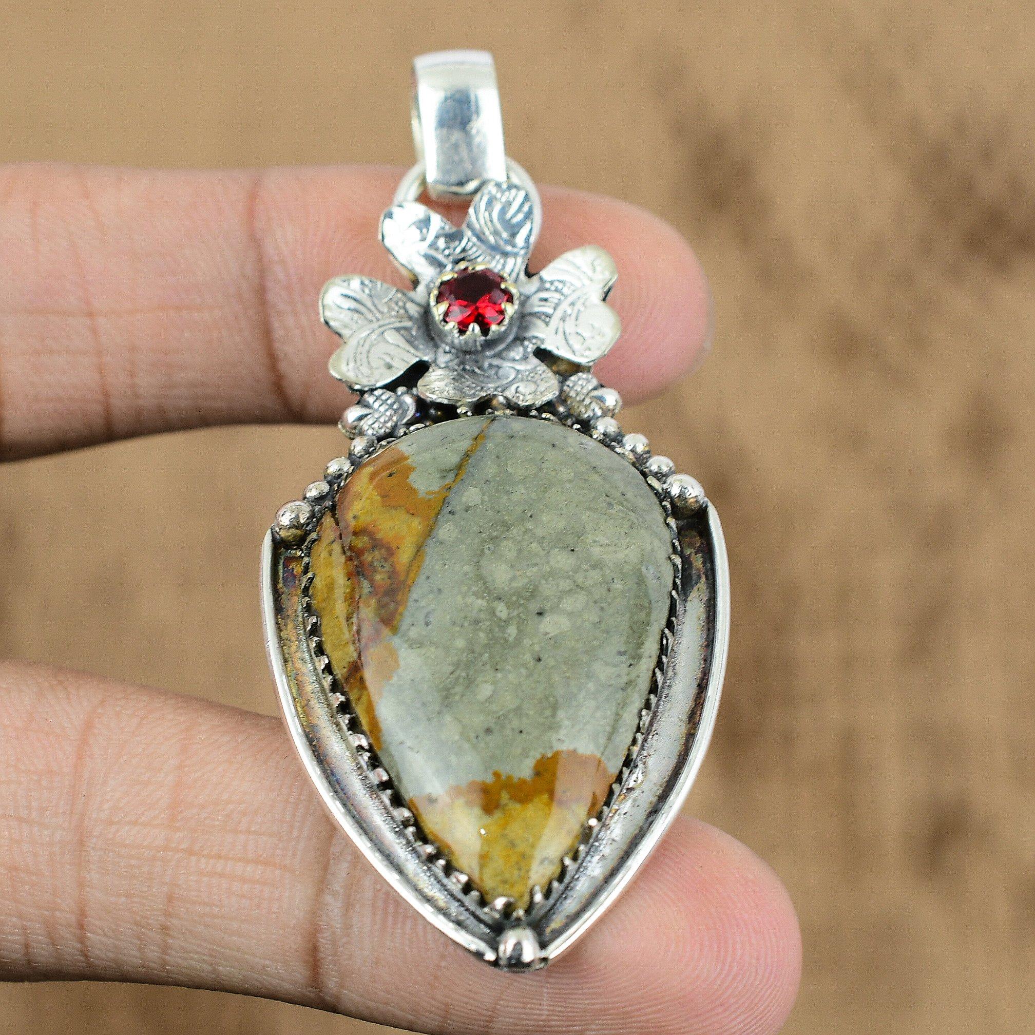 

Natural Polychrome Jasper Mozambique Garnet Flower Pendant 925 Sterling Silver