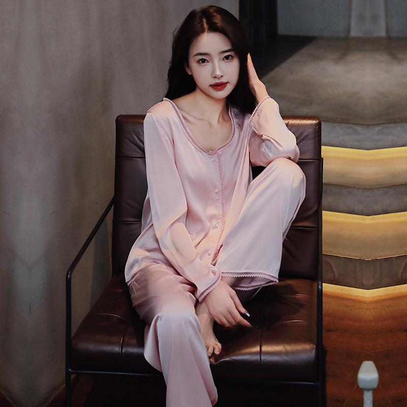 Women’s Ice Silk Lace Pajama Set Long Sleeve Top and Pants Spring Summer Autumn Elegant Palace Style Loungewear