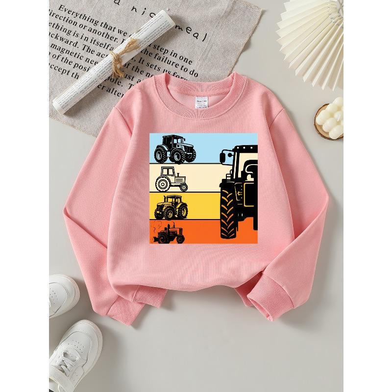 Kids Sweatshirt Crew Neck Sweatshirt Featuring a Tractor And Farm Machinery Design, Perfect for Autumn And Winter
