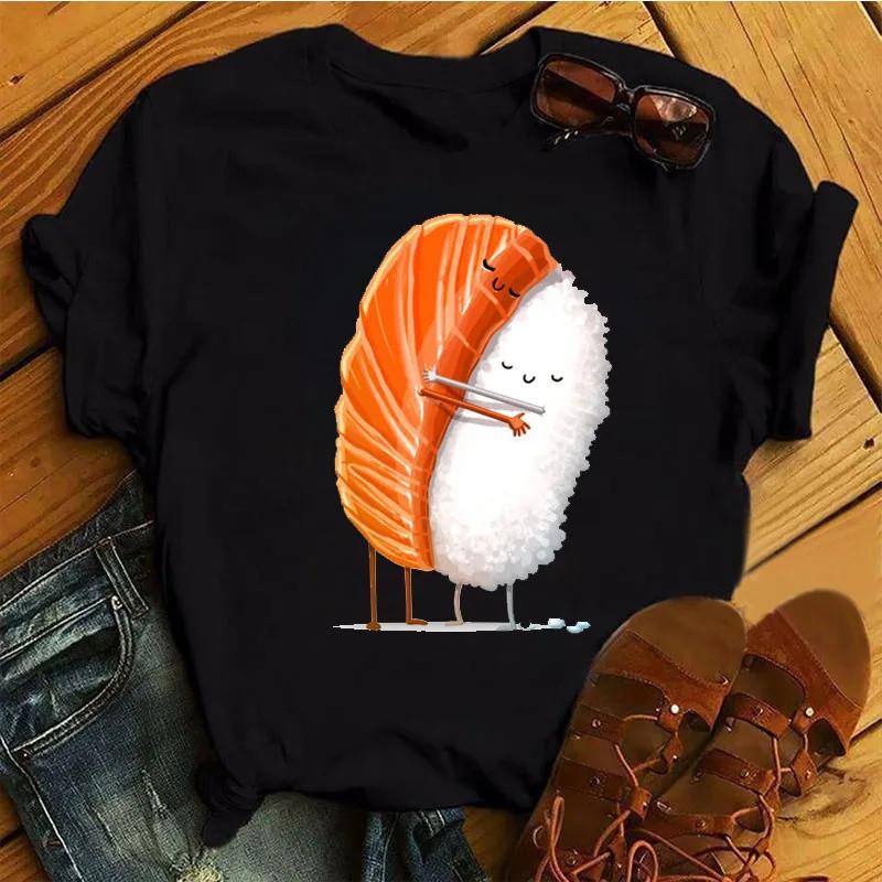 Cute Sushi hug Women T-shirts Summer black Short Sleeve T shirt girl femme O-Nock Kawaii Clothing Top tee Ladies Harajuku Tshirt