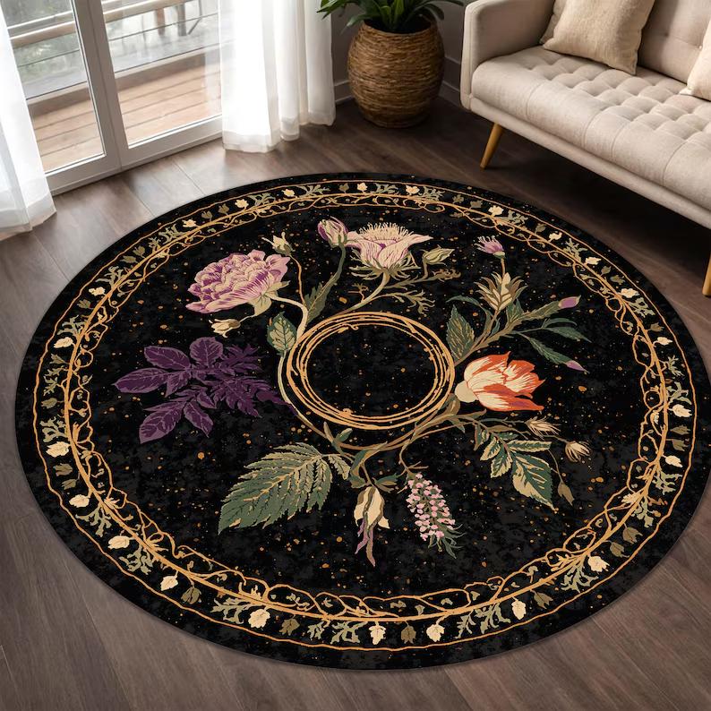Dark Academia Floral Round Rug Vintage Botanical Print Witchy Gothic Home Decor Mat Soft Non Slip Carpet for Living Room