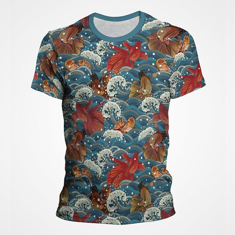 Goldfish and Koi Pattern Printed T-shirt Summer Men's Retro Top Fashion Trend Cool 3D Printed Top T-shirt Pullover