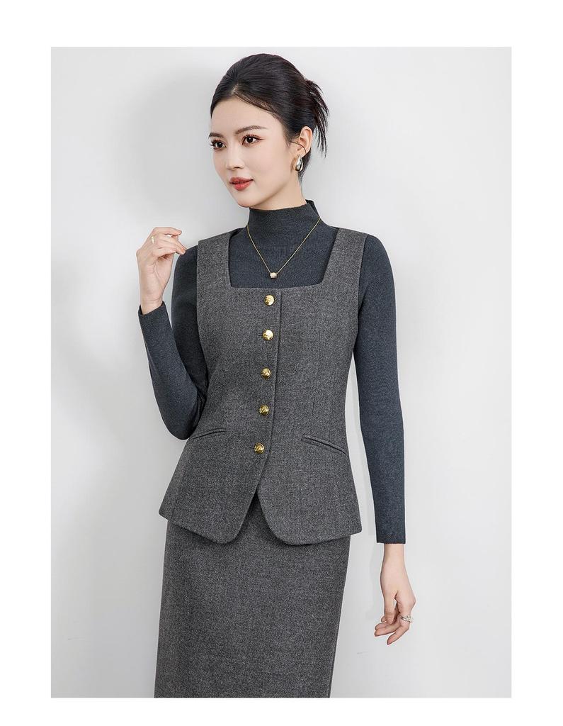 Women's Elegant Woolen Vest & Knit Base Layer with Back Slit Skirt Set