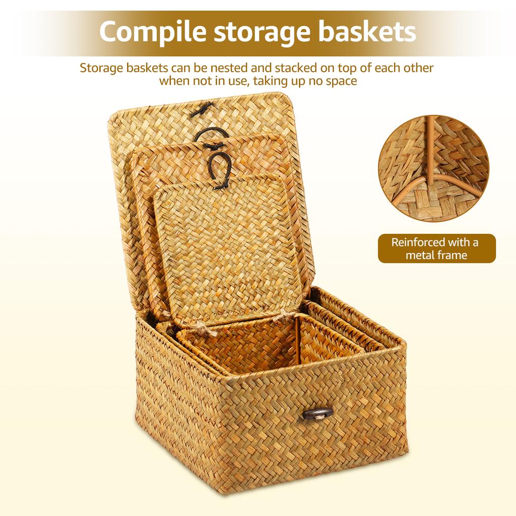 3Pcs Rectangular Woven Storage Basket with Lid  Processed Hay Handmade Shelf Basket Stackable Woven Basket Bin Desktop Organizer