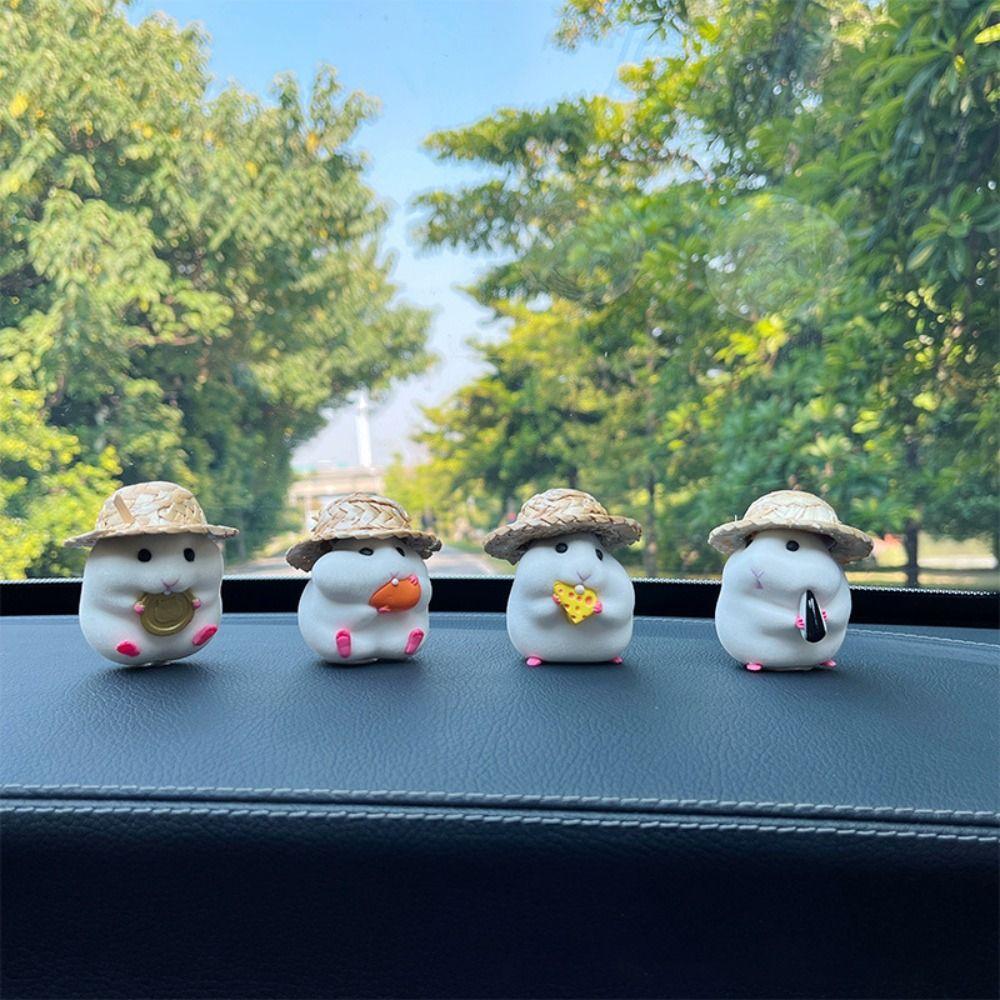 Kawaii Car Ornament Hamster With Straw Hat Hamster Toy Doll Auto Accessory Hamster Blind Box