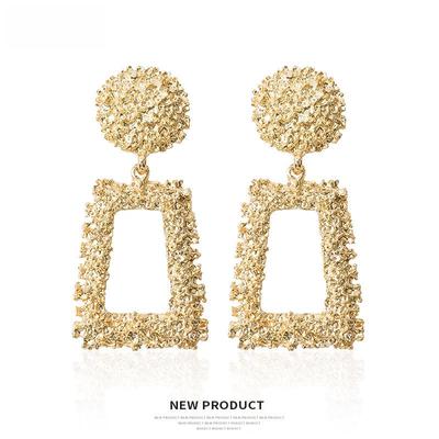 European & American Hot Sale: Trapezoidal Geometric Frosted Relief Metal Earrings, Bold Bohemian Style for Women