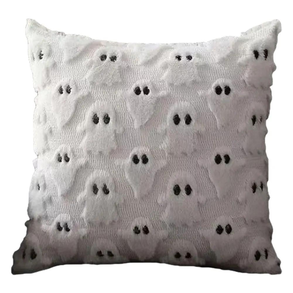 Halloween Ghost Pumpkin Pillowcase Washable Plush Faux Fur Pillowcase Comfortable Pillow Cover for Couch Sofa Home Decor 45*45cm